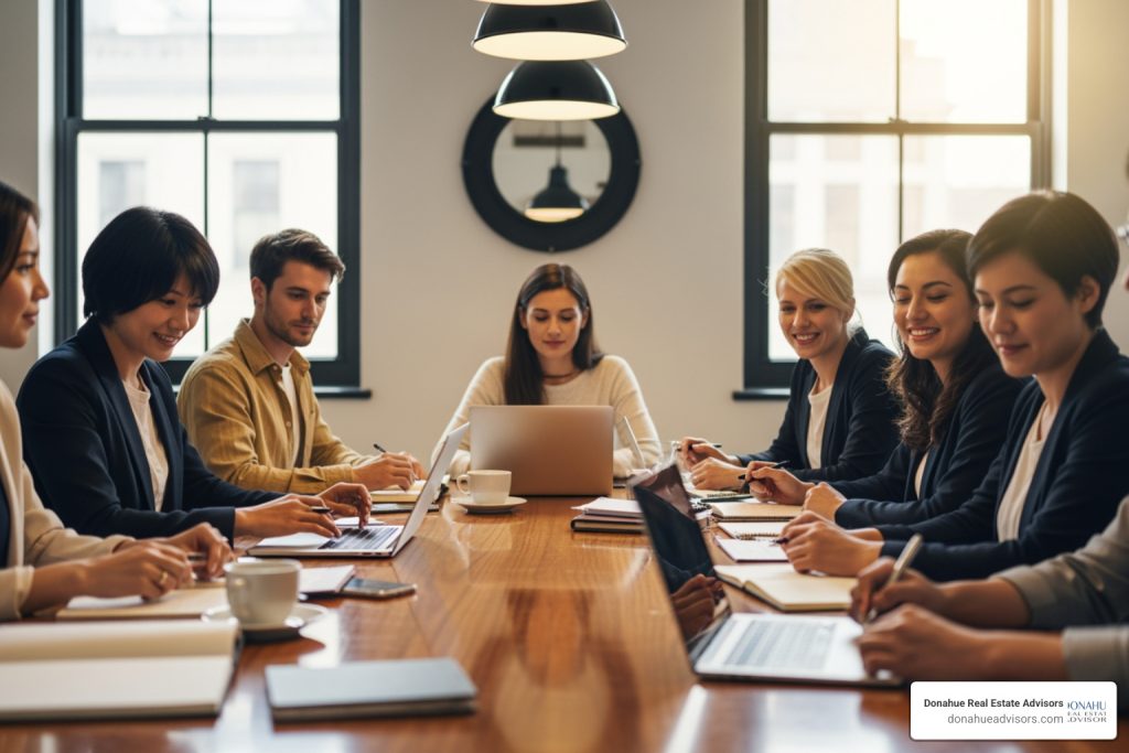 team members in a hybrid workspace collaborating at a large table with laptops and coffee - office space needs